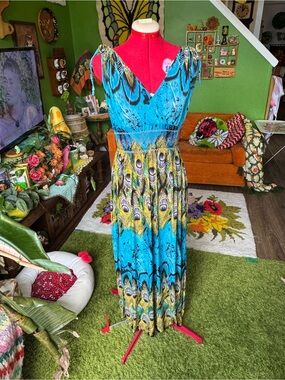 Boho Peacock-Print Maxi Dress in Turquoise